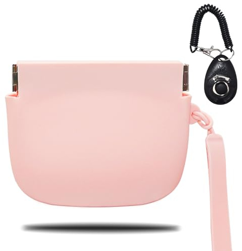 Grantop Silicone Dog Treat Pouch, Silicone Dog Training Bag with Pet Training Clicker, Silicone Dog Treat Pouch Small Bag, Silicone Treat Bag with Magnetic, Auto Closing and Waist Clip (Pink)