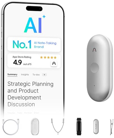 AI röstinspelare, PLAUD NotePin röstinspelare, appkontroll, AI-notetaker, AI-transkribera och sammanfatta stöd 112 språk, 64 GB minne, ljudinspelare för föreläsningar, möten, silver