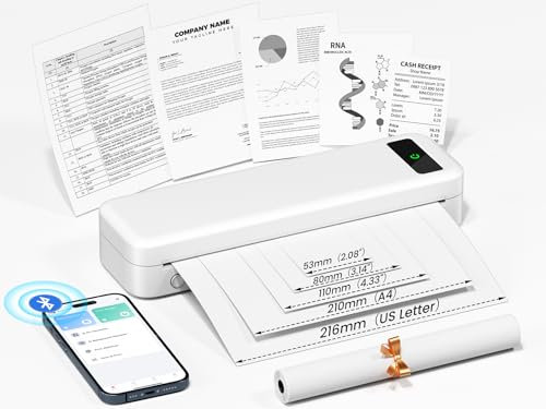 TATTMUSE Portable Thermal Printer A4 Small Wireless Bluetooth Compatible with iOS & Android, Inkless Receipt Printer for Home Use. Office, School & Car, 160 Sheets at Full Charge - White