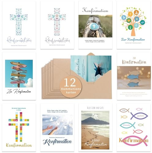 Legezon Konfirmationskarten 12 Stück Karte zur Konfirmation Mädchen & Junge Glückwunschkarte Konfirmation mit Umschlag Dankeskarten Konfirmation