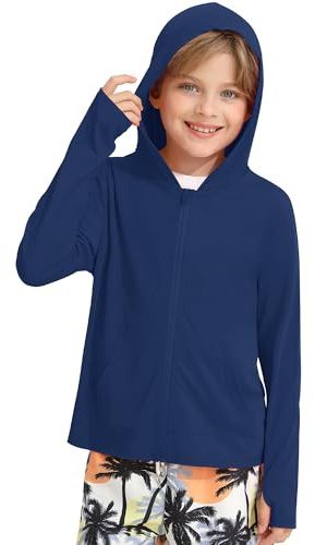 Niños Rash Guard Shirt, Chaqueta de Verano con Capucha para Niños, Sudadera de Manga Larga con Cremallera, Agujero para El Pulgar y Bolsillos, Upf 50+ Sun Shirt, Nadar Correr Senderismo Ciclismo Entre