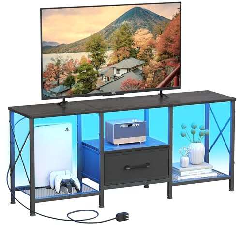 JARHETUN - LED TV Stand with Fabric Drawer, Entertainment Center for 50 55 TV, Industrial Console Table with Open Storage Shelves for Living Room, Bedroom