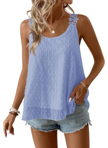 TUUHAW Debardeur Femme Débardeur sans Manche Été Col Rond Caraco Bohème | Fluide Floral Élégant Tank Top, Bretelles Lâche Plissé Bohème Chemise, Uni Caraco, Lâches Cami Hauts, Plissé Dentelle Blouse