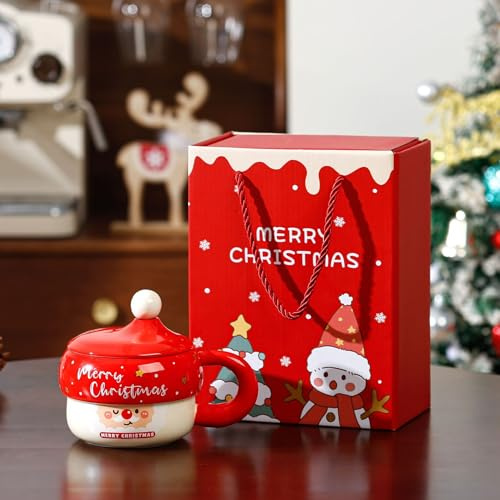FePen Tazza Natalizia in Ceramica, Tazze da Latte Natalizie con Coperchio e Cucchiaio, Tazza di caffè in ceramica di Babbo Natale, Tazze da tè natalizie per caffè Latte Regali (Red A)