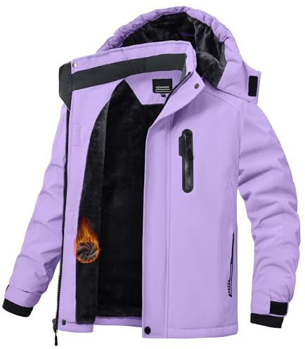 HotPoem Boys Winter Coat Jackets Snow Suit for Kids Cold Weather Fleece Warm Waterproof Insulated Softshell Ski Snowboard Jackets for Girls Windproof with Zip Pockets Hoode Purple 6-7