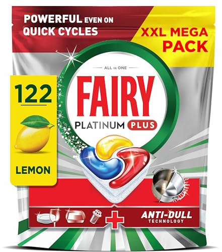 Fairy Platinum Plus Dishwasher Tablets Lemon, 122 Capsules, Impeccable Clean Even in Quick Cycles Without Pre-Wash, Anti-Dull Technology, Super Shine Function