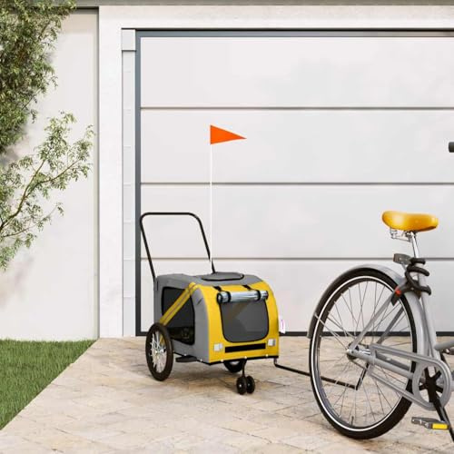 Nqyjm Rimorchio Bicicletta Cani Giallo e Grigio Oxford Tessuto e Ferro per Cani Gatti LH69839