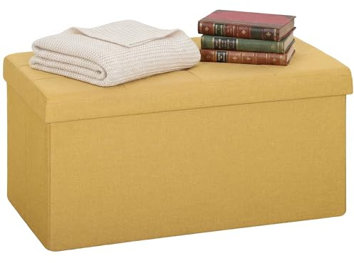 HOMCOM Puff Almacenaje, Banco Almacenaje Plegable, 84 L, 76x38x38 cm, Tapizado en Lino Sintético, Baúl de Almacenamiento, Carga 120 kg, Taburete para Sala de Estar, Dormitorio, Entrada, Amarillo