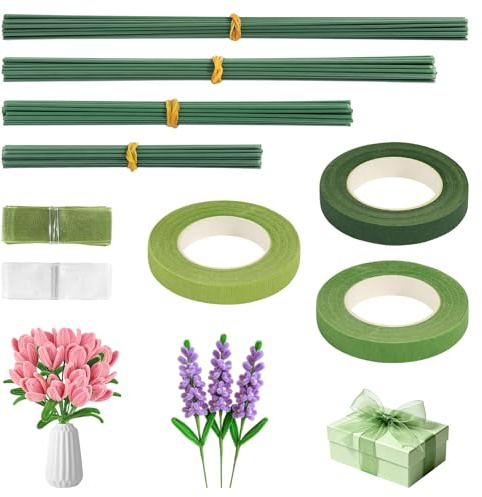 prota 120 stycken gröna blomtrådsset med 3 floristband och 2 satinband, 2 mm blomstjälktråd, floristtråd för blomarrangemang, buketter