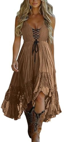 Robe de style country western pour femme - Avec lacets sur le devant - Robe longue bohème unie - Bretelles spaghetti - Sans manches - Col en V - Vokuhila - Robe plissée à volants