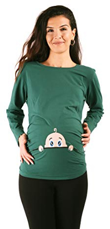 M.M.C. Bambino Curioso - Simpatica graziosa T-Shirt Premaman Manica Lunga per la Gravidanza (Verde Scuro, x-Large)