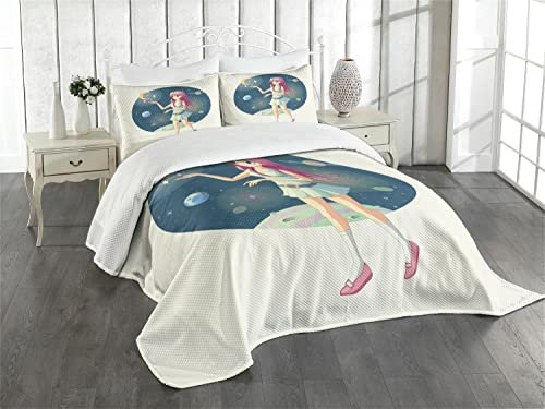 ABAKUHAUS Anime Tagesdecke Set, Mädchen mit Sternen im Raum, Set mit Kissenbezügen Sommerdecke, für Einzelbetten 170 x 220 cm, Blaugrau Beige