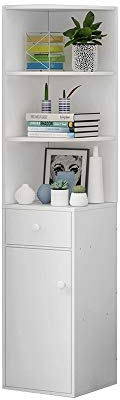 Menaka Tall Slim Corner Cabinet Bookcase with Door and 3 Shelves for Living Room Bedroom Bathroom, White Wood Unit Storage Display Shelving Cupboard Cabinet for Small Narrow Space