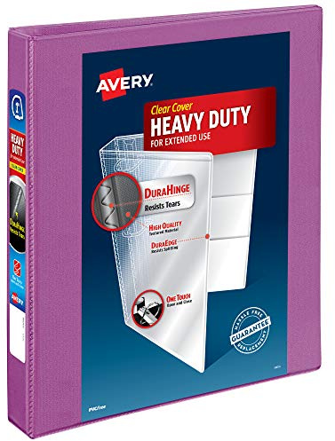 Avery Heavy-Duty View 3 Ring Binder, 1 Inch One Touch Slant Rings, 250-Sheet Capacity, DuraHinge, 1.4 Inch Wide Spine, Customizable Clear Cover and Spine, 1 Orchid Purple Binder (79272)