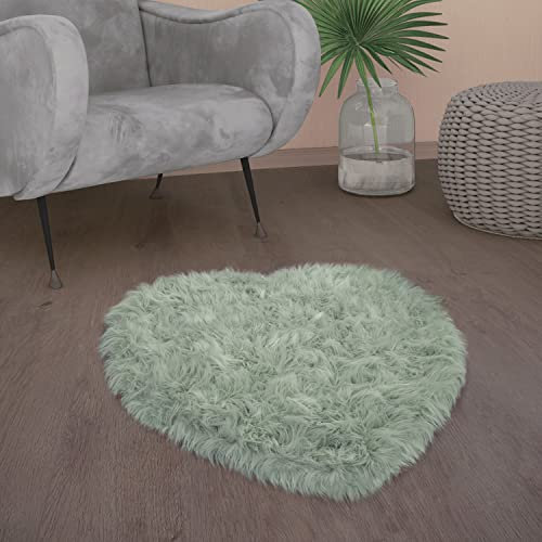 Paco Home Kunstfell Fellteppich Imitat Teppich Hochflor Sitzkissen Herzform Rund Fell Form, Grösse:80x75 cm Herz-Form, Farbe:Mint-Grün