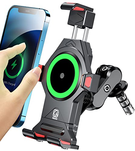 BRCOVAN Aluminiumlegierung Motorrad Gabelschaft Handyhalterung mit Qi 15W Drahtloses Ladegerät und Vibrationsdämpfer, Outdoor Einstellbar Diebstahlschutz Handy Halterung für 4,7-7,2 Zoll Smartphone