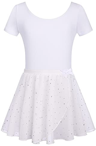 Arshiner Traje de Ballet de Dos Piezas para Niñas Vestido de Ballet de Manga Corta Ropa de Ballet para Niños Leotardo de Ballet de Algodón con Falda Tutú Blanco 10-11 Años