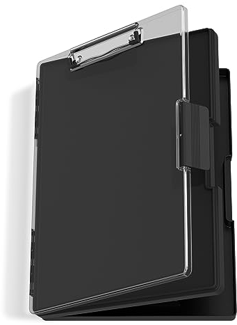 Hnogri Kunststoff-Klemmbrett mit Aufbewahrung, Heavy-Duty Klemmbrett mit Dual Compartment Storage, glatte Schreibfläche für Arbeit, Schulbedarf (Schwarz)