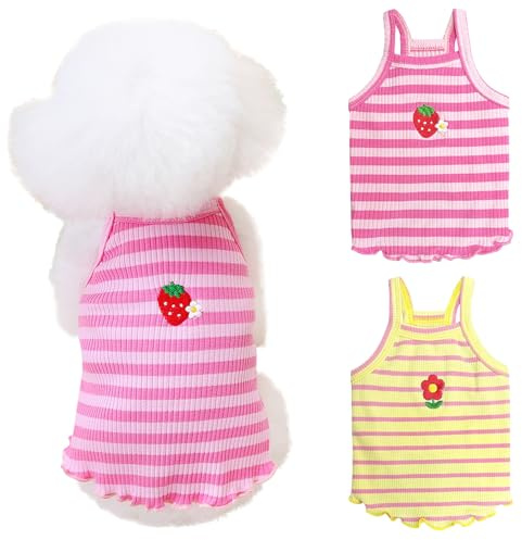 Yaopelky 2 delar små medelstora hundar sommarkläder hund randig skjorta söt blomma jordgubbe broderi väst husdjur outfit för Chihuahua Yorkie teddy (rosa-gul, XL)
