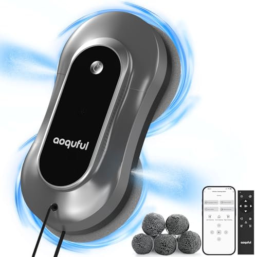 AOQUFUL Robot Limpiacristales Inteligente, Limpiador Eléctrico de Ventanas con Doble Rociado de Agua, Control Remoto y por Aplicación, para Ventanas Interiores y Exteriores, Incluye 12 Paños, Gris
