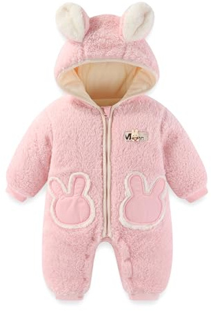 JiAmy Baby Fleece Snowsuit Newborn Hooded Winter Outfits Infant Boys Girls Hooded Zipper Jumpsuit Romper Pink 0-3 Months