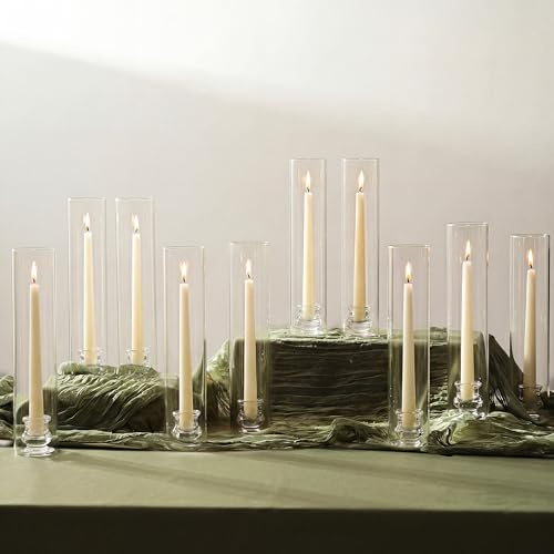 NUPTIO Portacandele In Vetro Set di 10 Portacandele A Uragano Trasparenti Alti 30cm - Portacandele Affusolati con Coperchio A Cilindro Antivento per Caminetto E Sala da Pranzo
