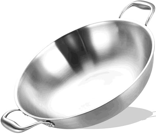 LOLYKITCH 14.5 Inch Tri-Ply Stainless Steel Chef's Wok Pan,Deep Stir-Fry Pan,Jumbo Cooker,Induction Cooking Pot,Dishwasher and Oven Safe