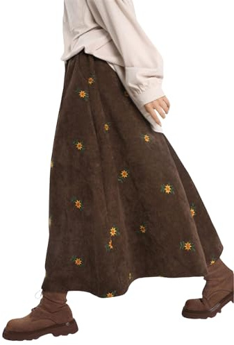 Faldas largas de pana con bordado floral para mujer, falda larga de pana con bolsillos y cintura alta elástica vintage, café, L