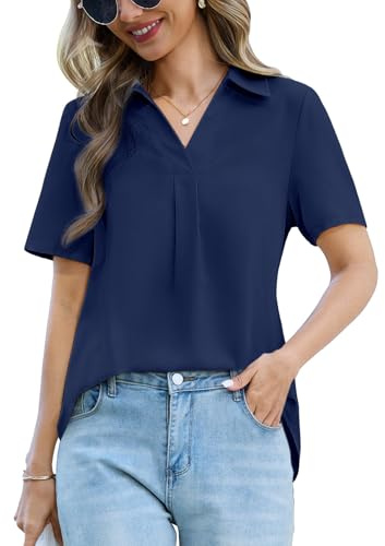 UMIPUBO Blusas Mujer Verano Manga Corta Cuello en V Camisas Elegante Camisetas Suelta Blusones Casual Básica Camisa Moda Shirts Tunic Tops (Azul Marino, S)