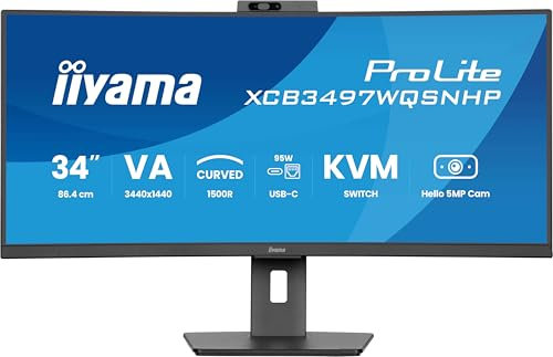 iiyama Prolite XCB3497WQSNPH-B1 Curved 1500R 86.7cm 34“ VA LED-Monitor UWQHD HDMI DP-in/Out DaisyChain USB3.2 USB-C Dock 95W RJ45 (LAN) KVM Höhenverstellung Adaptive Sync Windows Hello Webcam schwarz