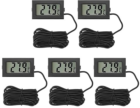 Termómetro Digital LCD con Sonda Externa, 5 Piezas Termómetro Acuario, Sensor de Temperatura, Impermeable Termómetros Nevera y Congelador, para Refrigerador Congelador Acuario