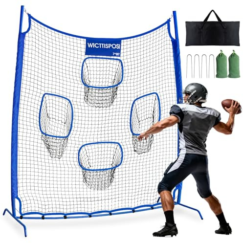 Football Throwing Net 7x8FT, HeavyDuty Metal Frame Quarterback Training Equipment Throwing Machine for Adults Kids, Easy Setup Football Training Target Practice with Bag, Allweather Indoor Outdoor Use