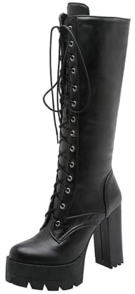 YhdtHSF Stivali da Donna alla Moda con Tacco Alto 11CM, Sexy, con Lacci, Plateau Spesso, sopra Il Ginocchio, Scarpe Invernali,Nero,34 EU