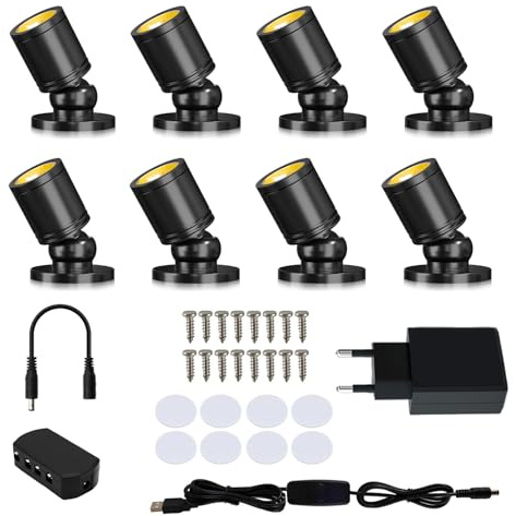 8 Piezas,Mini focos led,USB,3000K Blanca Cálida,Rotativo 360°,luz regulable