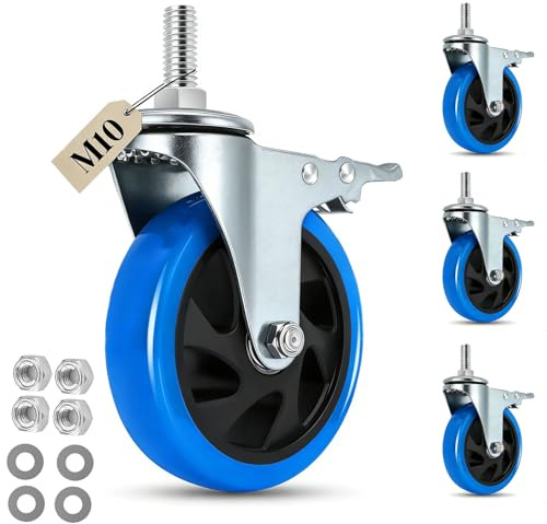 IQWTU 125mm Ruote per Mobili con Perno Filettato M10 x 1,5 x 30 mm, Set di 4 Ruote per Carrello Carichi Pesanti con Freno, Rotelle Girevoli Cuscinetti Doppi Ruote Fino 700kg, Girevoli a 360°