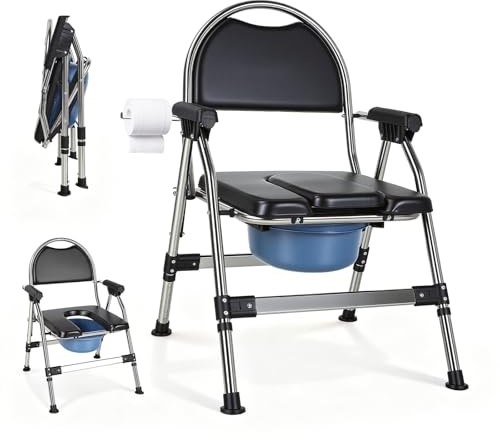 Silla WC Personas Mayores, Silla Inodoro Ancianos 3 en 1 con 5 Alturas Ajustables, Asiento Suave, Cubo extraible, Estructura Robusta, Silla Orinal para Personas Mayores Discapacitadas, Hasta 200 kg