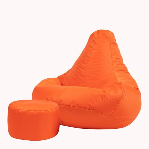 Bean Bag Bazaar Gaming Sitzsack mit Hocker für Erwachsene, Orange, Outdoor Sitzsack mit Füllung, Bean Bag, Wasserabweisender Stoff, Bequemer Sessel für Wohnzimmer, Garten, Terrasse