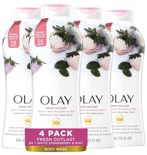 Olay Body Wash for Women, Fresh Radiance, Refreshing & Renewing, Made with Plant Based Cleansers, B3 Botanical Complex, For All Skin Types, Strawberry & Mint Scent, 22 fl oz (Pack of 4)