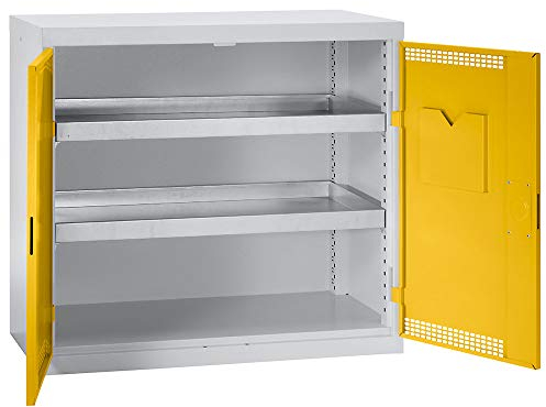 Umweltschrank mit Türlochung, HxBxT 900 x 1000 x 500 mm, 2 Wannenböden, lichtgrau/signalgelb.