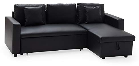 Happy Garden Canapé d'angle Convertible Clark 3 Places en Simili Noir. Canapé avec méridienne réversible et Coffre de Rangement.