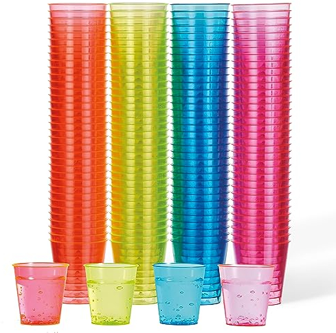 MATANA 150 Verres à Shot en Plastique Fluo, 30ml - Lumière Noire/UV-Réactive - Verres à Shooter Colorés Solides - Verrines en Plastique Réutilisables pour Fêtes, Anniversaires, Mariages