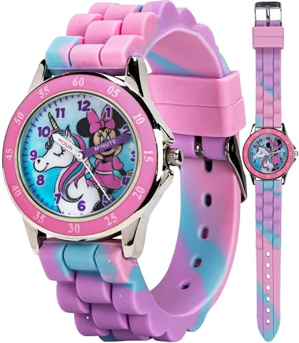 Disney Minnie Mouse Kids Time Teacher Watch with Hour & Minute Hands, Easy-to-Read Dial, and Glitter Silicone Strap – Pink & Blue Analog Watch for Girls – Wrists 5.5”-8” – with Collectible Tin Box