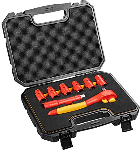 NEO TOOLS Steckschlüssel-Satz 1000V, 8-teiliger Satz, CrV-Stahl, Sechskanteinsätze 10-19 mm, Ratsche, Verlängerung, Für den Elektriker im Koffer