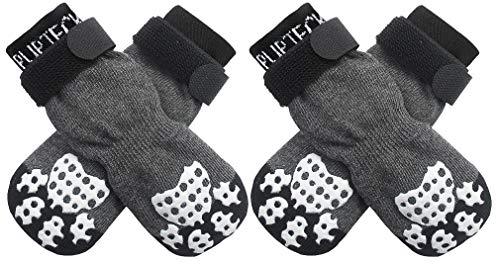 PUPTECK 2 Pairs Anti-Slip Dog Socks Paws Stop Licking, Walking Boots for Injured Paws Hot Weather/Winter, Gripper Shoes Paw Protectors for Hardwood Floors Small Large Dogs, Grey