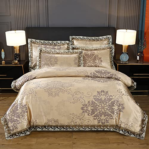 Beyeutao Double Duvet Cover Jacquard Bedding Lace Gold Duvet Set Jacquard Duvet Elegant Bedding Set 3 PCS with Duvet Cover Set Pillowcases. (Champagne Gold, Double)