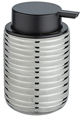 WENKO Seifenspender Vilalba aus hochwertiger Keramik mit horizontaler, linienförmiger Reliefstruktur, nachfüllbarer Seifendosierer, Pumpaufsatz Schwarz, 9 x 7,5 x 12,5 cm, Füllmenge 280 ml, Silber