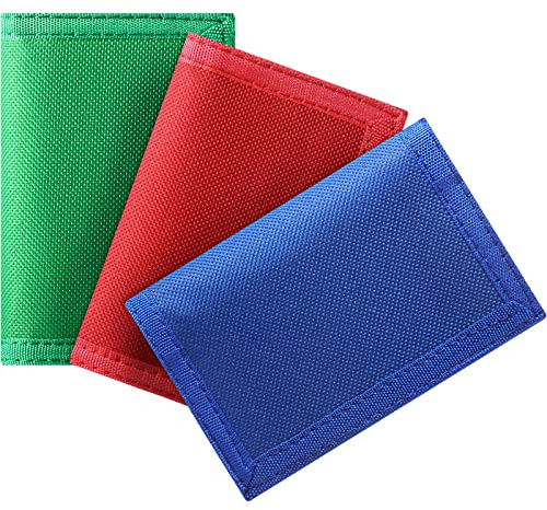 Weewooday 3 Pieces Kids Wallets for Boys Girls Ages 6-18 Canvas Trifold Wallets with Sticker and Zipper Pocket for Kids Teens Christmas Birthday Gift(Blue, Green, Red,Solid Style)