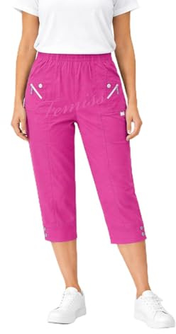 femiss Women Cropped Trousers | High Waist Elasticated Pull On Cropped 3/4 Pants | Soft Stretch Summer Casual Beach Travel Ladies Cotton Blend Office Wear| Available Sizes 10-26 | (Cerise Pink, 12)