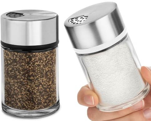 Salt and Pepper Shakers Set with Adjustable Pour Holes - Stainless Steel Spice Dispenser - Perfect for Pink Himalayan, Table Salt, Black and White Pepper (2.4 oz) - set of 2