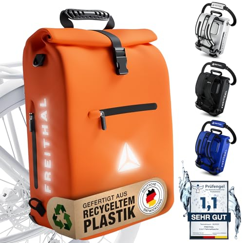 FREITHAL - 3in1 Fahrradtasche Rucksack [25L] Verwendbar als Gepäckträgertasche, Rucksack & Umhängetasche - 100% wasserdichte & Reflektierende Fahrradtasche - Mit 16 Laptopfach - Orange